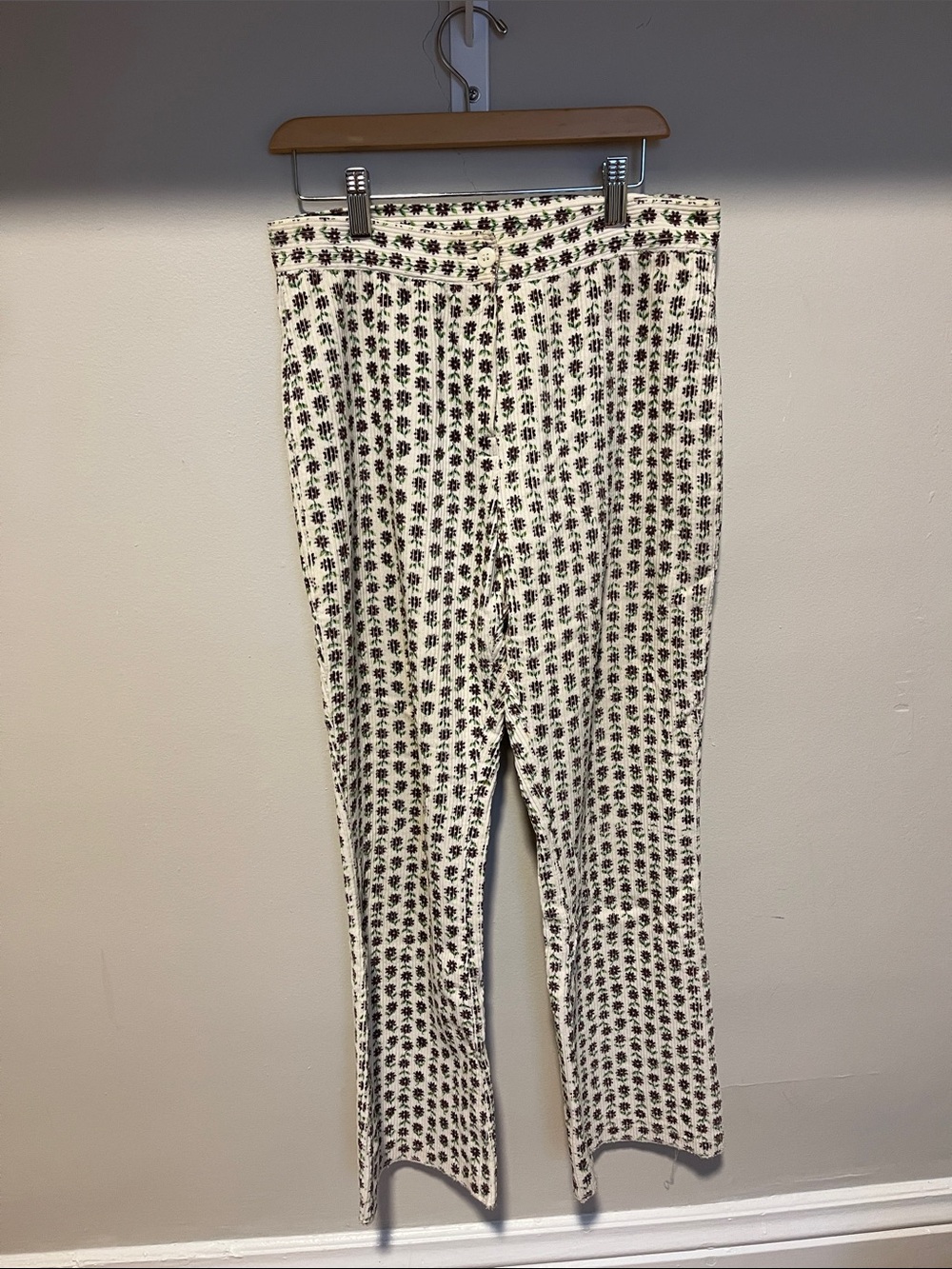 Cream Floral-Pattern flare cord pants